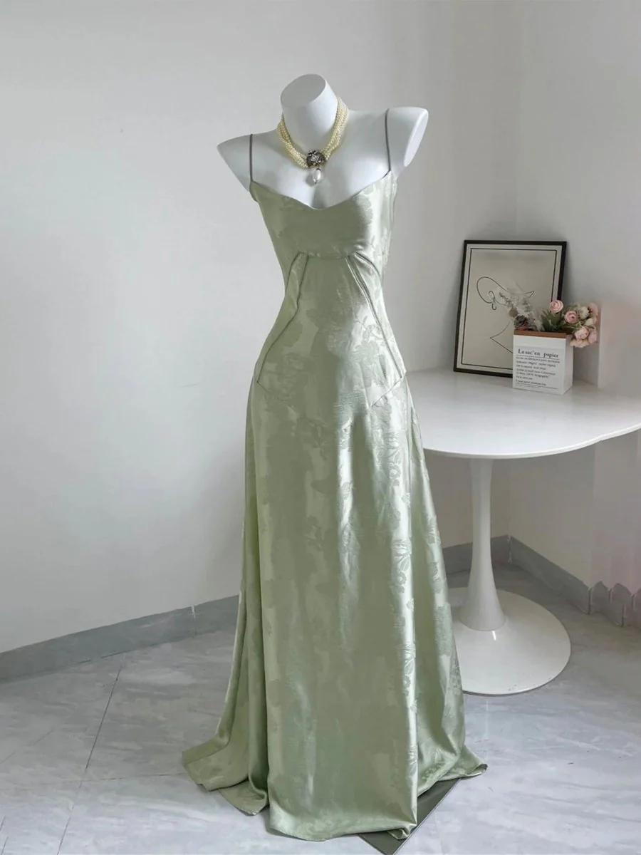 Phantasia | Sage - Mermaid Satin Spaghetti Straps Long Prom Dresses