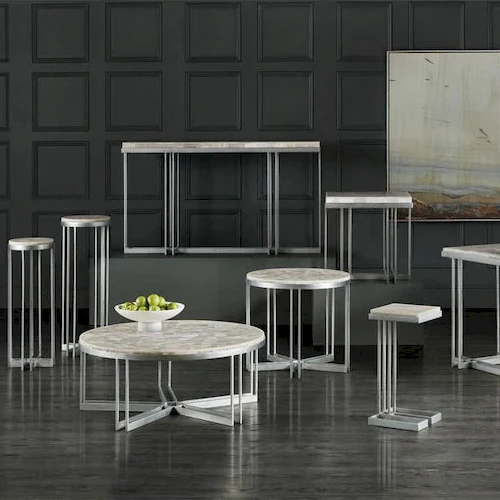 White Onyx & Pewter Metal Round Cocktail Table, 1-Piece