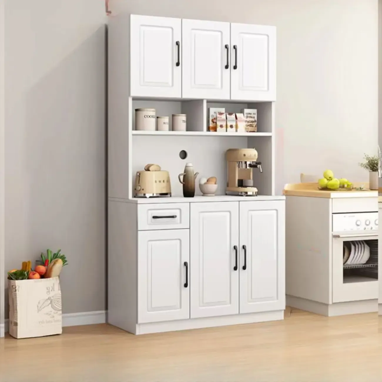 Kitchen White Wood Countertop Open Storage China Cabinet