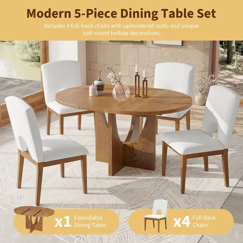 Modern Style 5-Piece Extendable Round Dining Table Set with Removable Leaf and Upholstered Dining Chairs