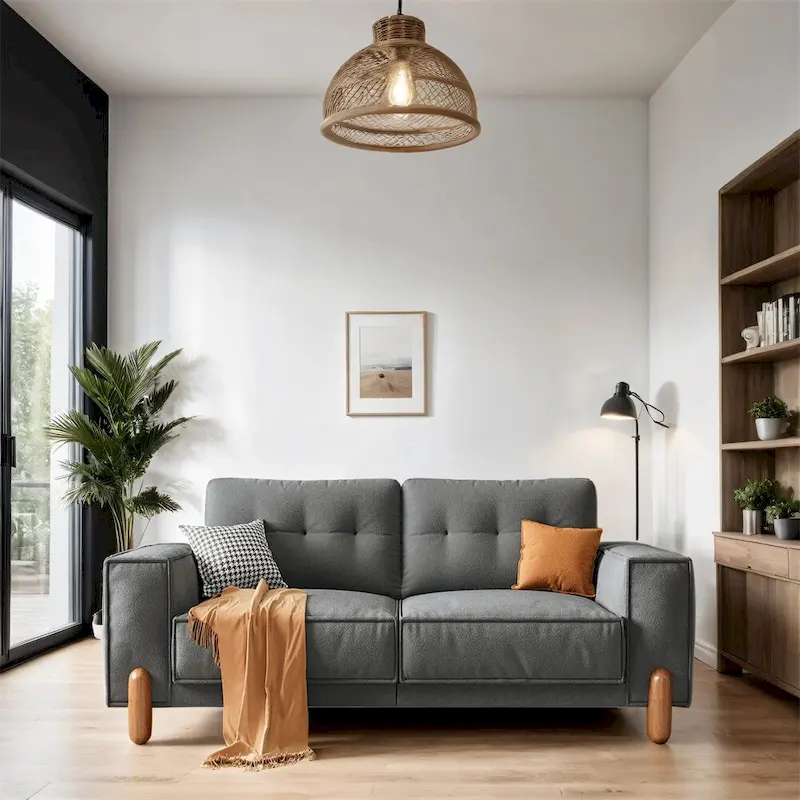 Modern Teddy Fabric Upholstered Sofa w/ Wood Legs and 2 Pillows