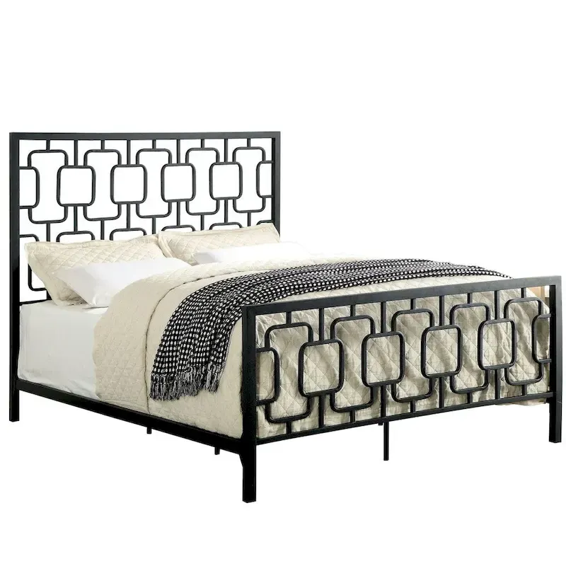 Metal Geometric Panel Bed, Black/White, Cal King/King, 2-Person