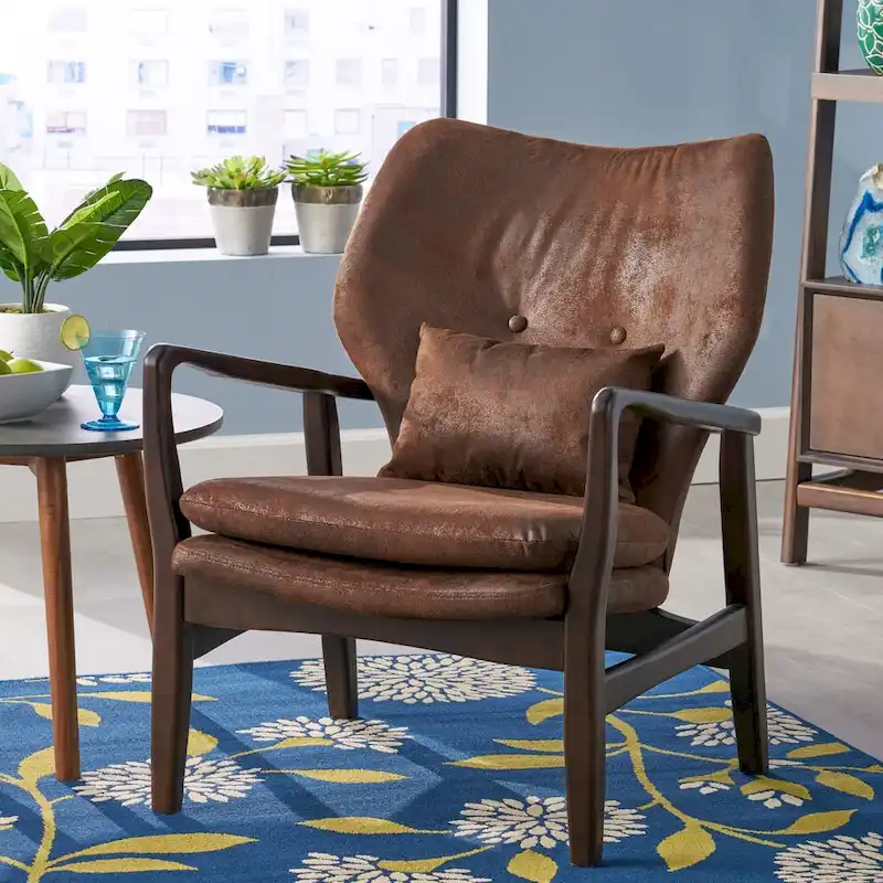 Mid-Century Modern Club Chair, Button-Tufted, Birch Legs – Slate / Brown / Mustard / Salmon, Single