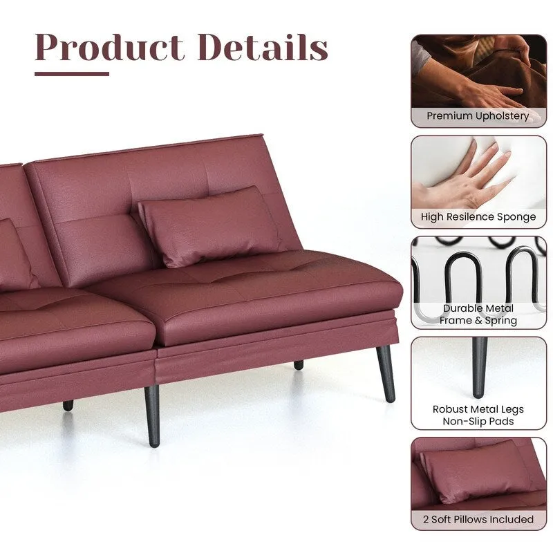 Grondin Convertible Futon Sofa Bed, 5-Angle Adjustable Backrest Sleeper Couch with 2 Pillows, Modern Style Recliner Lounge