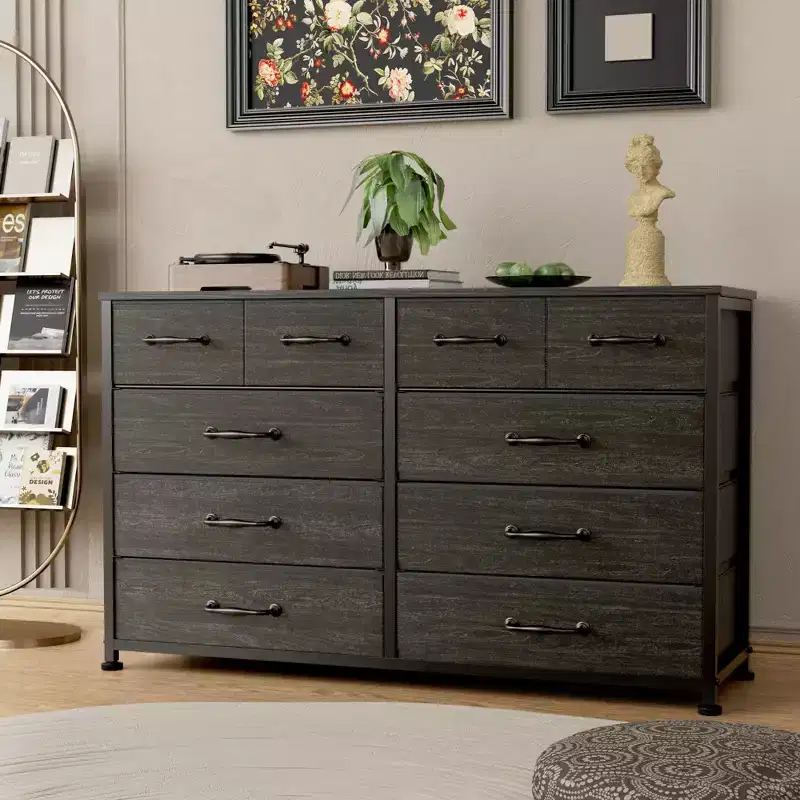 10 Drawer Fabric Dresser Black Wide Storage Chest for 50 inch TV Stand Entertainment Center for Bedroom Living Room Hallway and Entryway