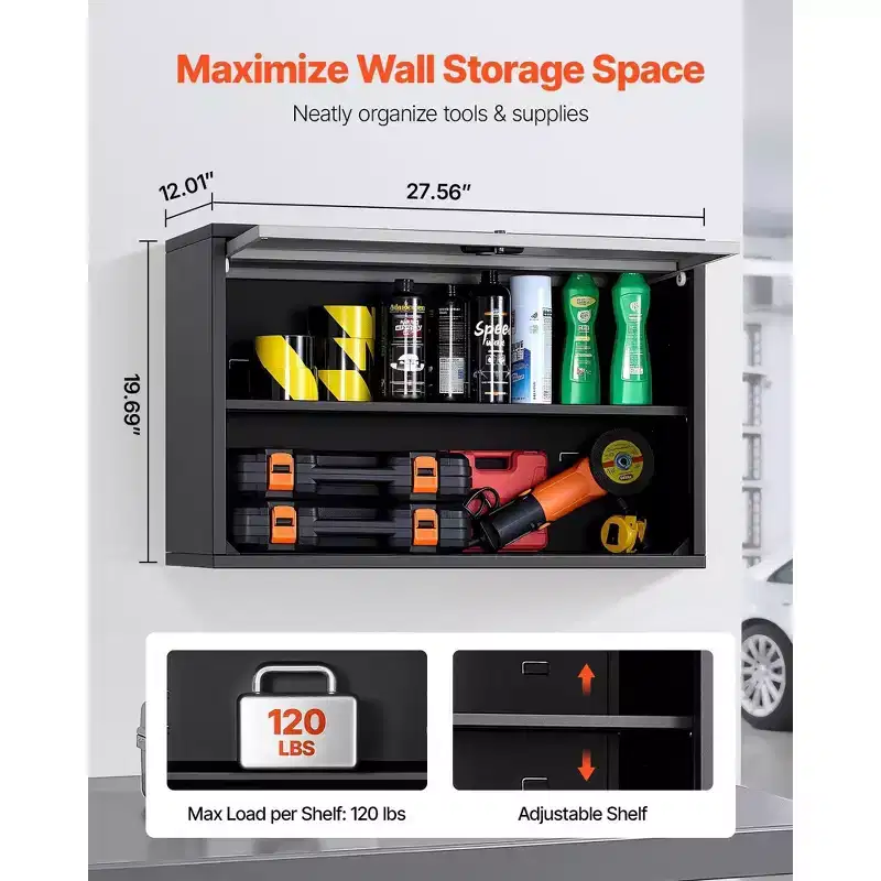 VIYET 19.7 Metal Wall Cabinet-Up-Flip Door, 240LBS Load,Fit for Garage, Basement, Kitchen, Warehouse Assembly Required