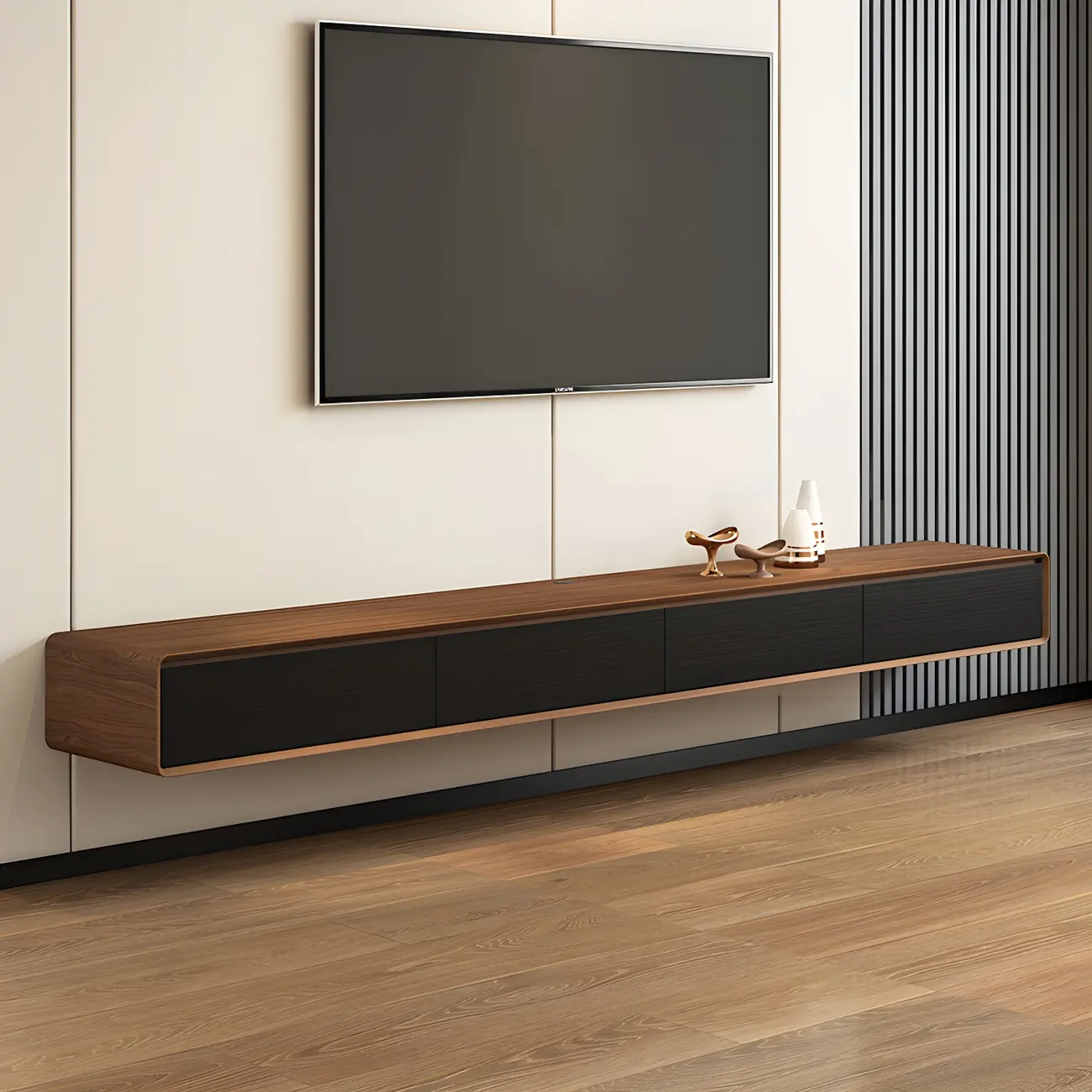 Natural Long Wood Floating TV Stand Media Consoles
