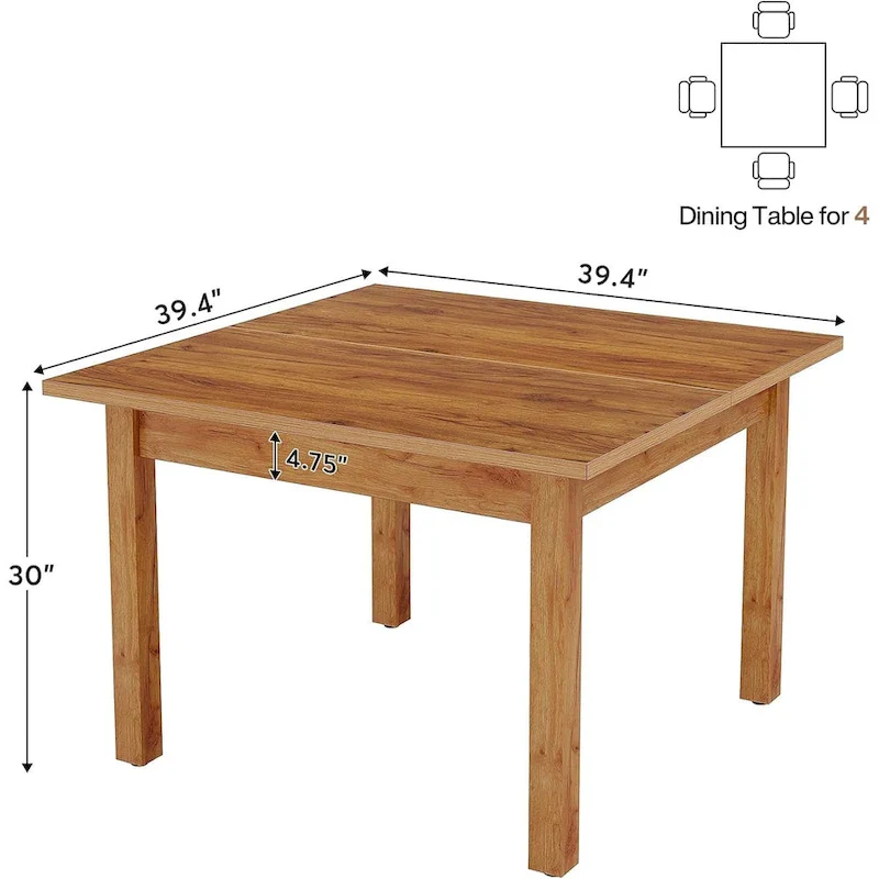 Country Rustic Square Dining Table with Solid Wood Legs - 39.4D x 39.4W x 30H