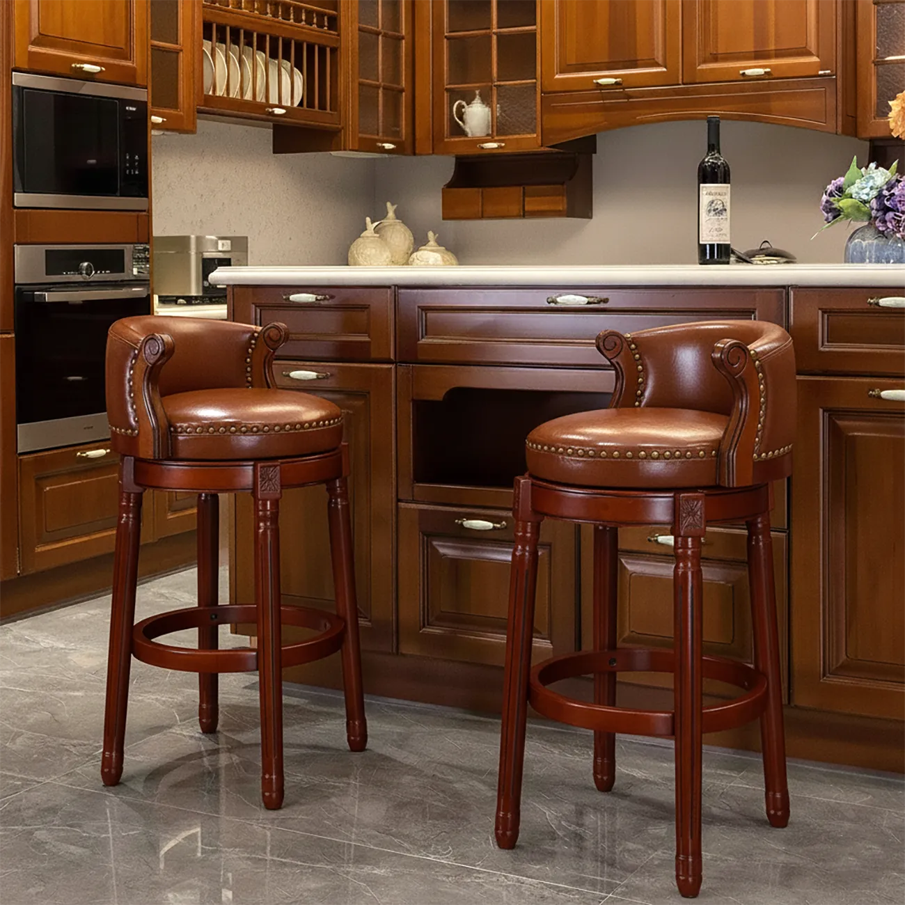 Solid Wood Leather Swivel Counter Stools with Backs