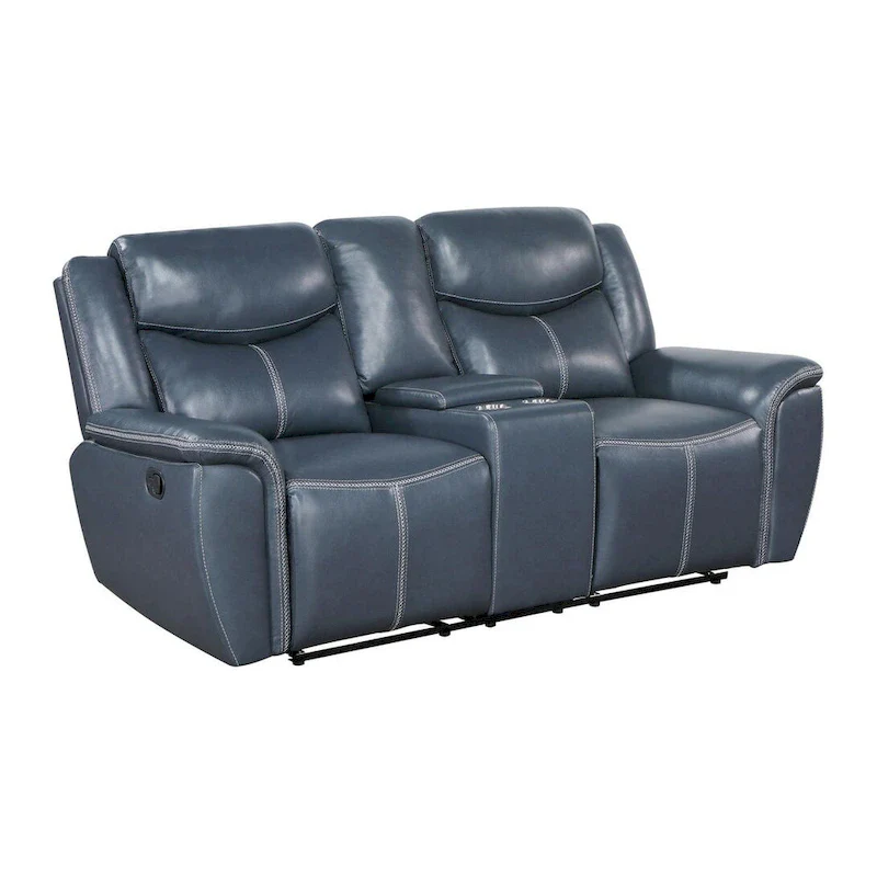 Blue Faux Leather Reclining Loveseat with Center Console