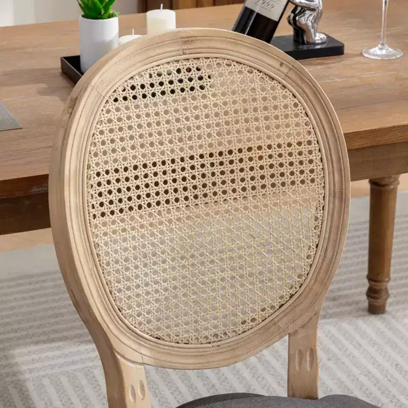 Set of 2 French Style Dining Chairs Upholstered Chairs Accent Chairs Armless Chairs with Rattan Back/Upholstered Back, Natural+Beige/Gray-ModernLuxe