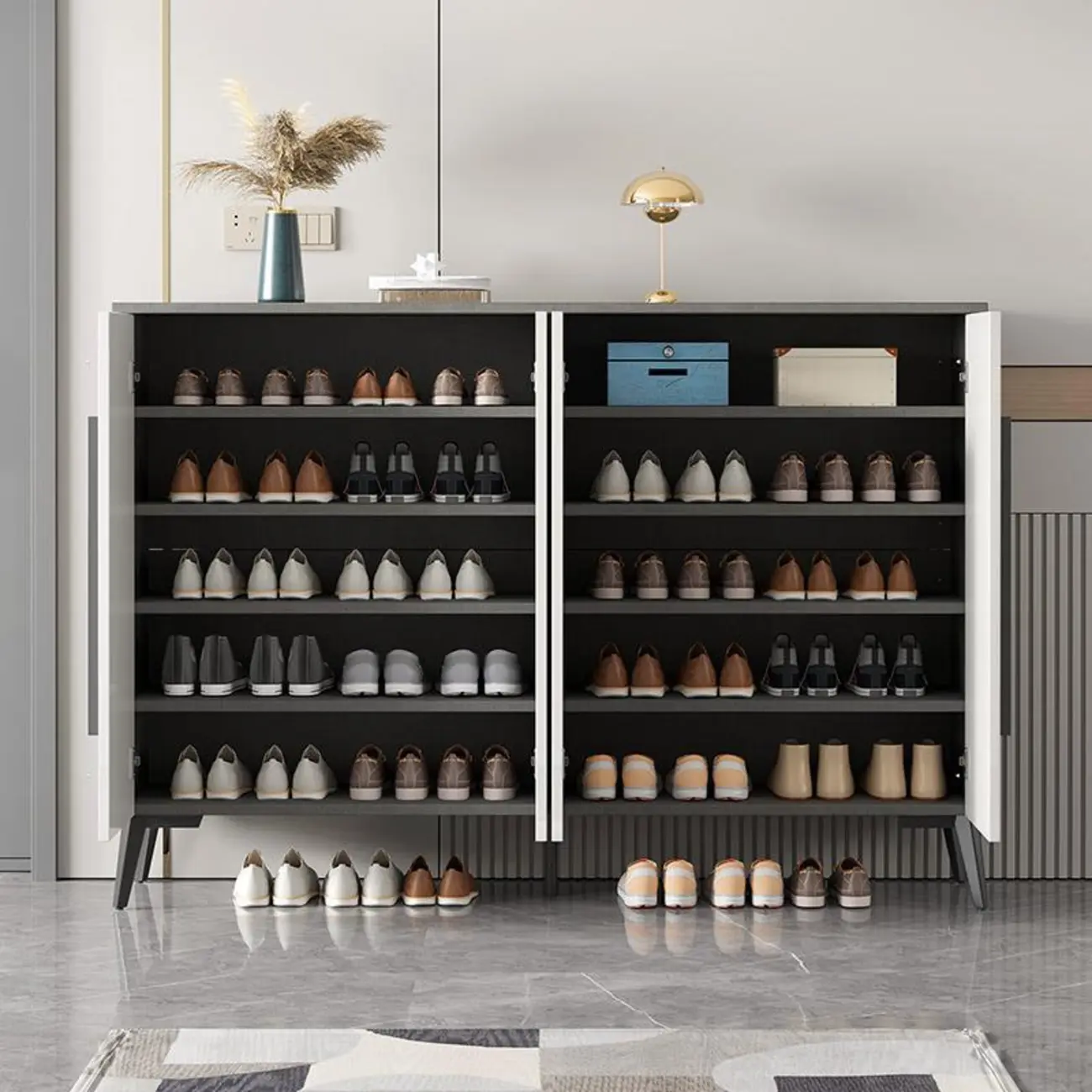 Trendy Gray-White Wooden Shoe Cabinet with Display Top