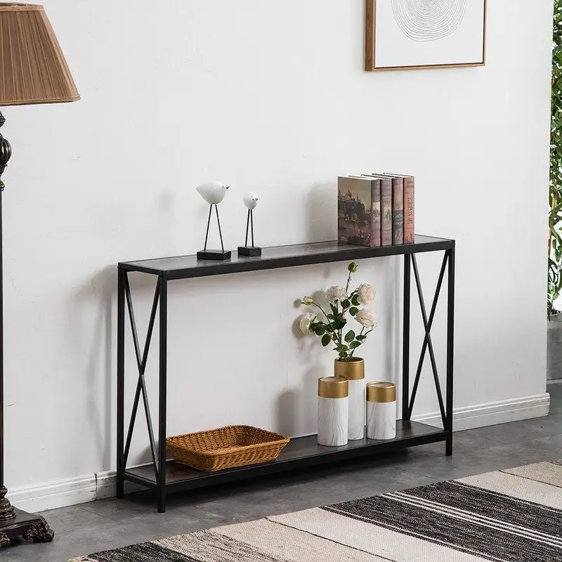 Black Industrial Console Table with Cross Frame
