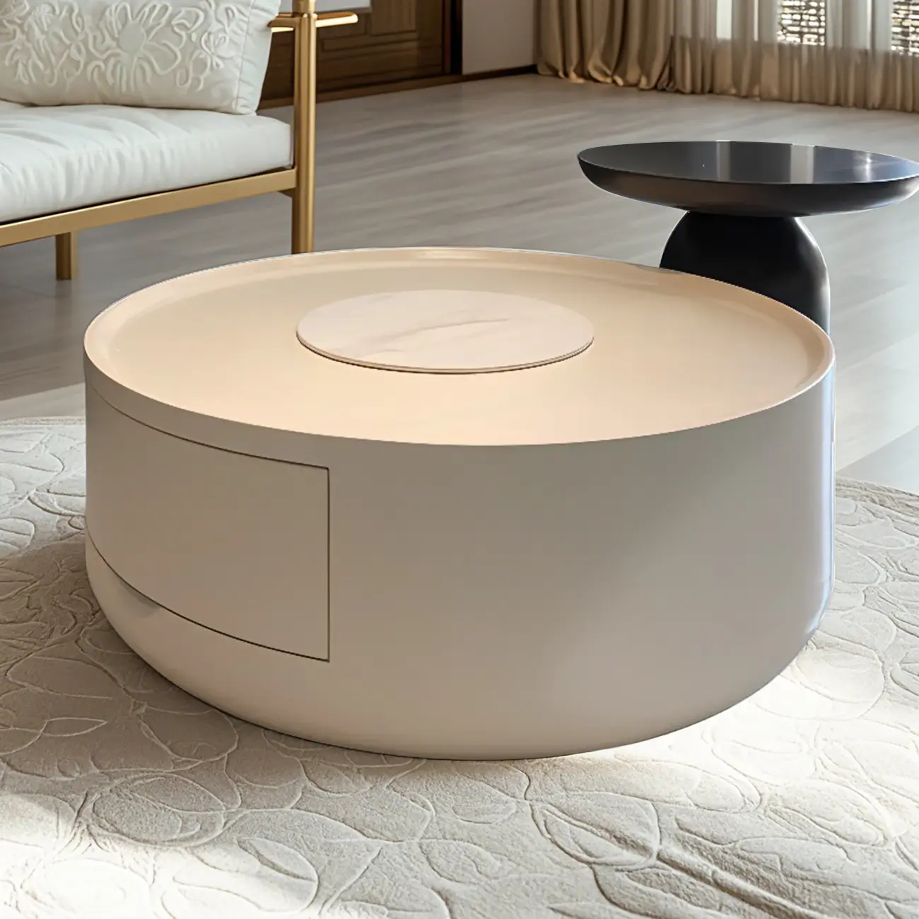 Modern White Round Coffee Table with Wood Base & Tray Top