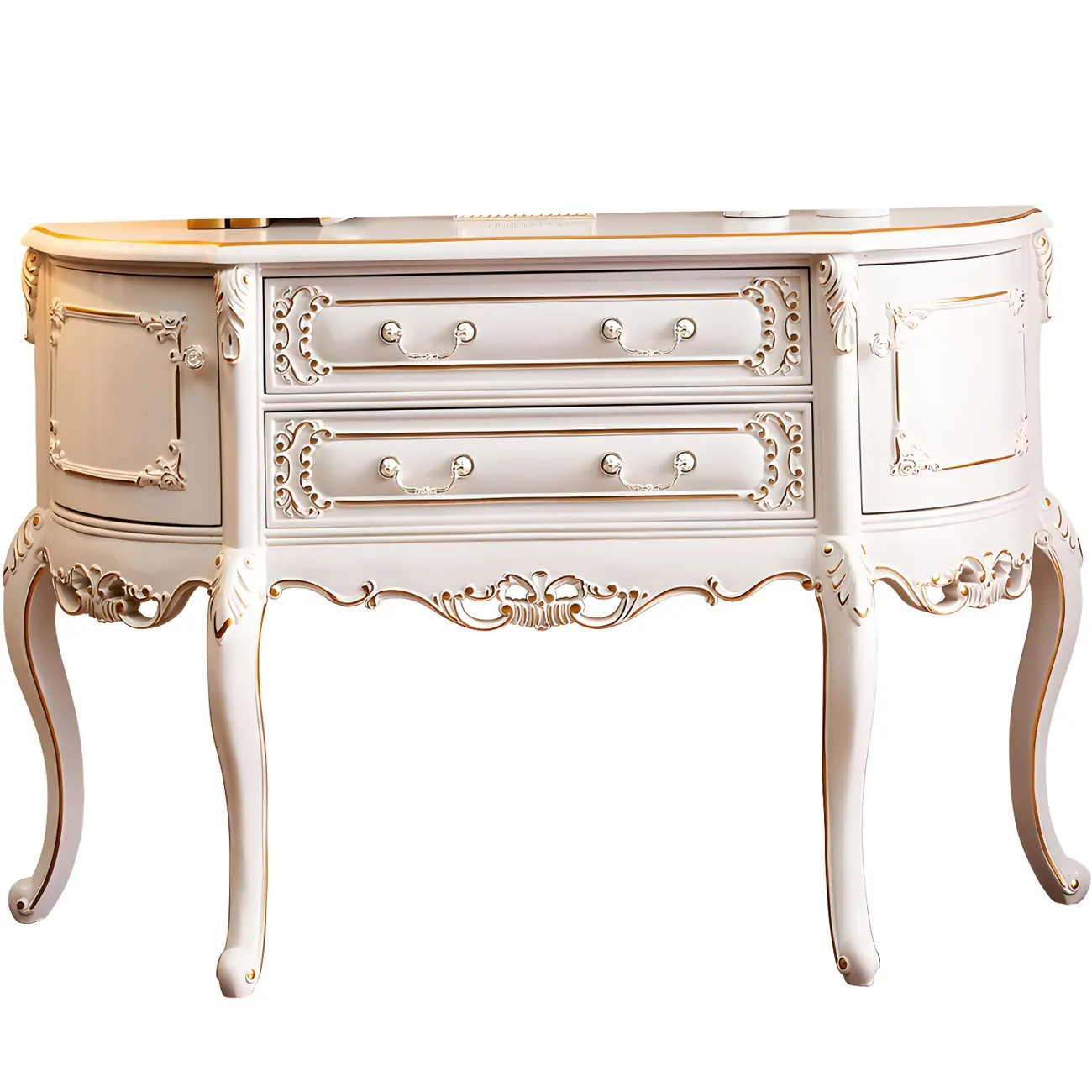 French White Wood Console Table with Drawers in Scratchproof