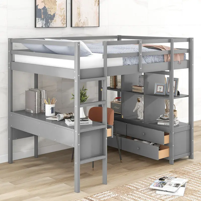 Pine Loft Bed with Built-in Desk & Drawers