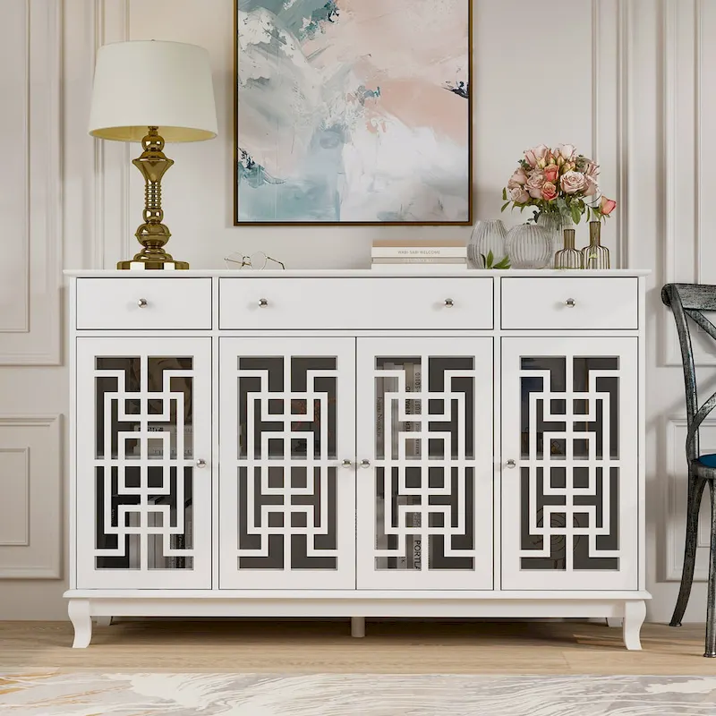 Wood Sideboard Buffet Cabinet with Glass Doors - White