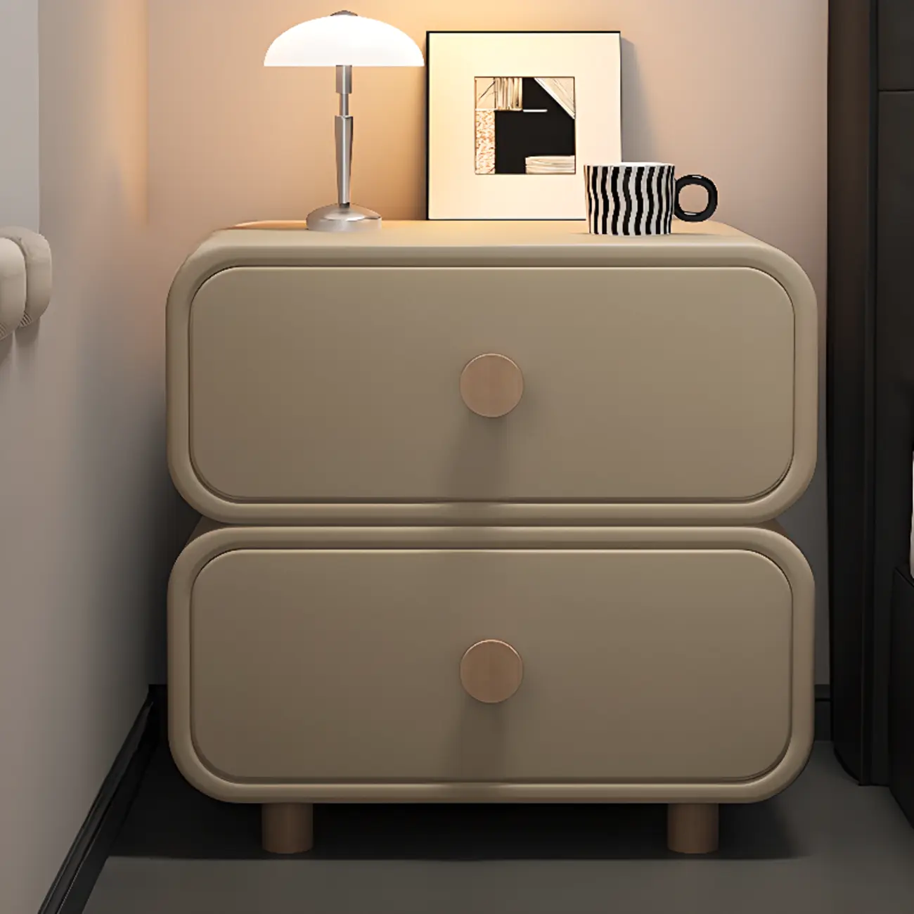 Solid Wood Leather-Top Black 2 Tiers Drawer Nightstand