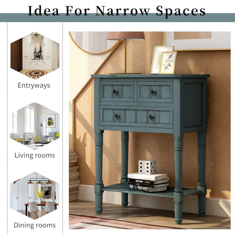 Narrow Console Table Slim Sofa Table with 3 Drawers and Bottom Shelf