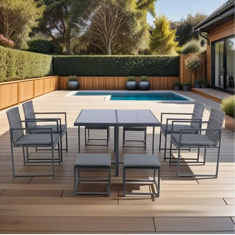 9 Pieces Patio Dining Sets Outdoor Space Saving Rattan Chairs with Glass Table Top