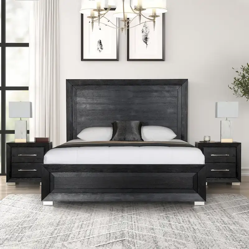 Alaric Modern Black Solid Wood Bed and Nightstand Bedroom With LED Headboard