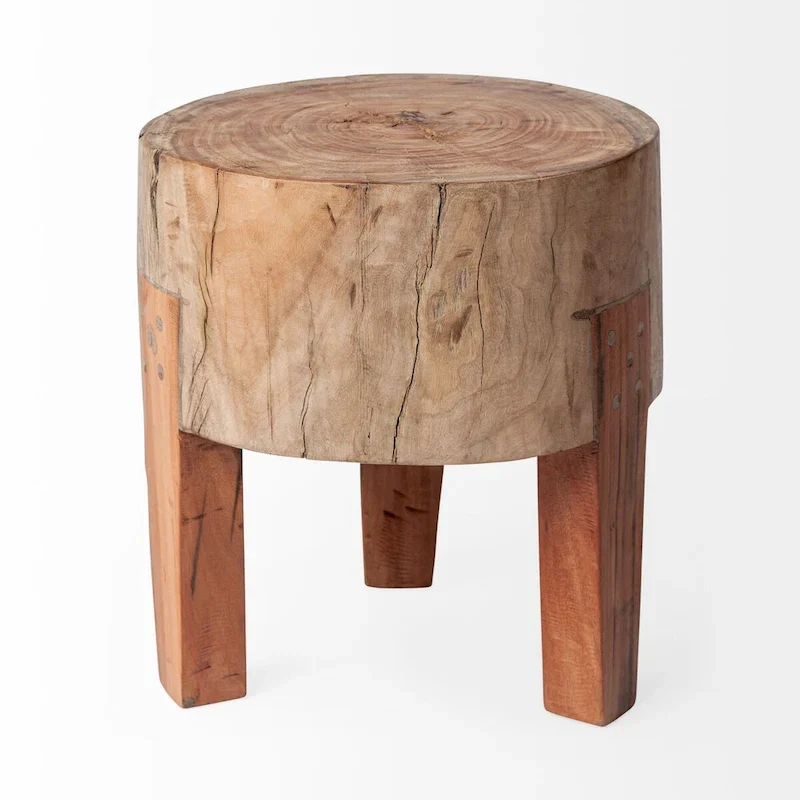 Natural Brown Round Wood Stool, 4-Leg Style, 1-Person