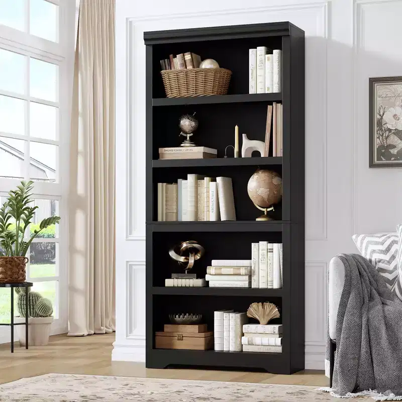69 Tall 5 Tier Farmhouse Bookcase, 31.5 Wide Bookshelf with Adjustable Shelves & Anti-Slip Design, Open Display Storage for Home Office Living Room