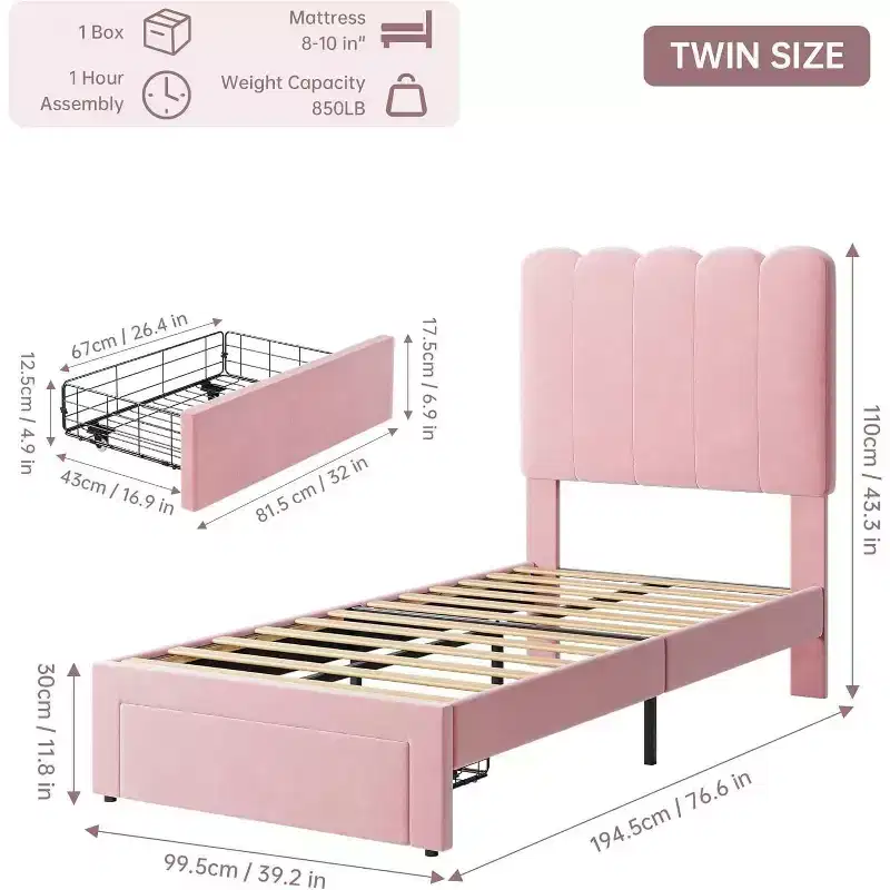 Acekool Twin Platform Bed Frame with Storage Drawer and Upholstered Headboard, Strong Wooden Slats, Noise-Free, Easy Assembly