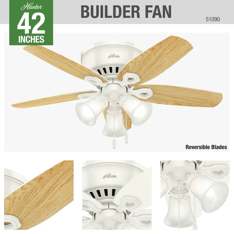 Hunter 42  Builder Low Profile Ceiling Fan with 3-Light LED Light Kit and Pull Chain