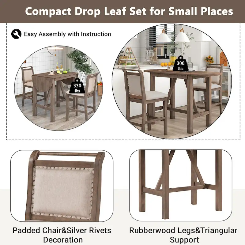 3-Piece Rustic Dining Set with Drop Leaf & 2 Chairs