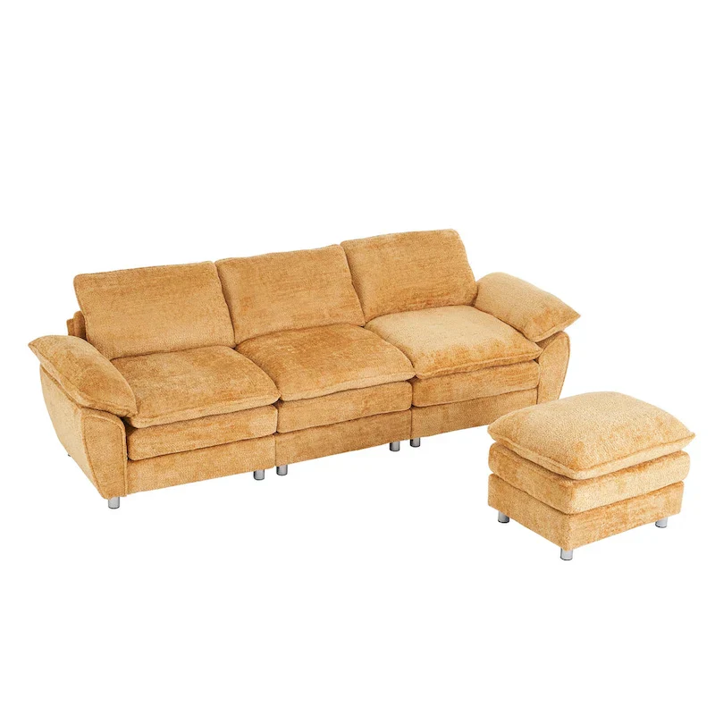 Modern Deep 3-Seat Sofa Couch with Ottoman