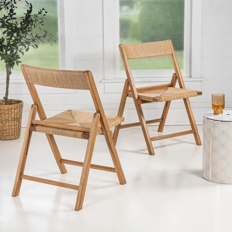 Mallorca Coastal Modern Wood Woven Seagrass Folding Chair, Natural (Set of 2) by