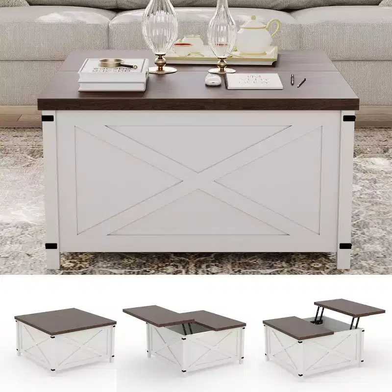 GustoWave 28 Square Lift Top Coffee Table, Farmhouse Style with Hidden Storage and Open Shelf for Living Room or Office - White