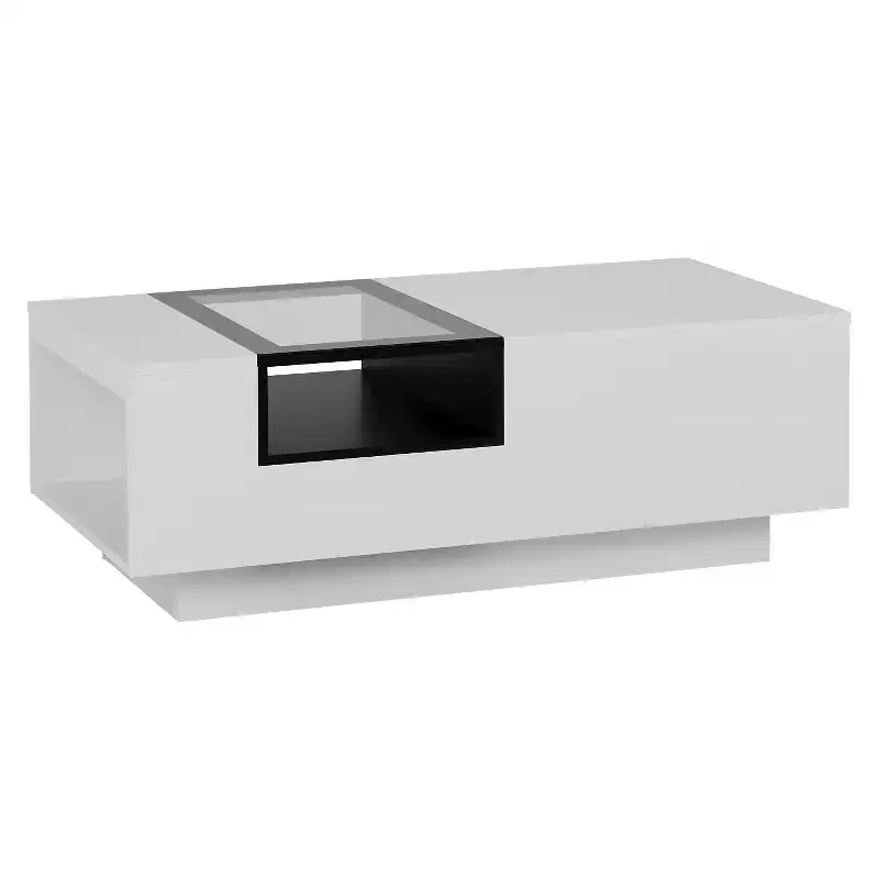 White & Black Two-Tone Coffee Table with Tempered Glass Top, Storage Shelves, for 1 Person