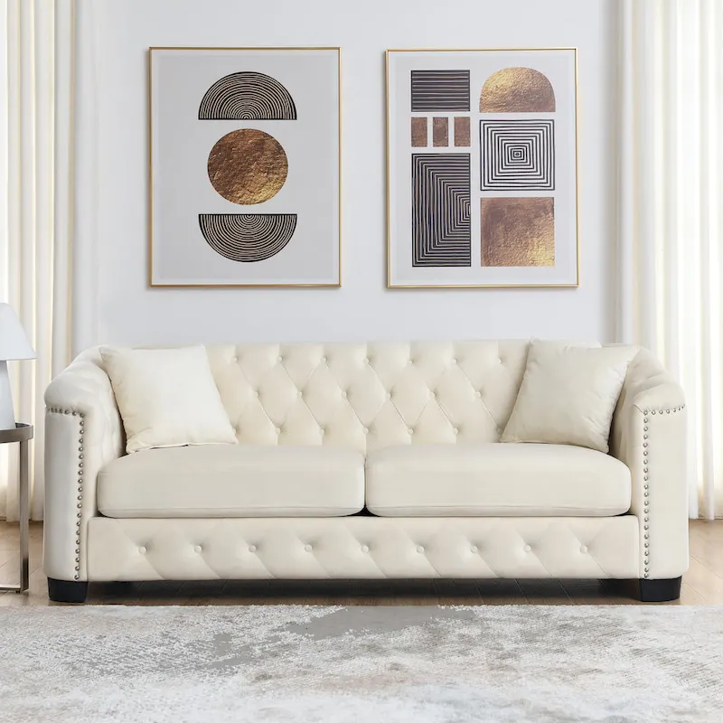 77-Inch Chesterfield Sofa, 3-Seater, Tufted Velvet, Nailhead Trim