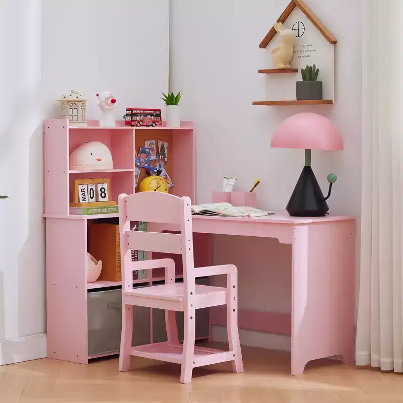 Kids Study Desk and Chair Set, Wooden Student Writing Table with Large Storage Hutch, Pinboard & Pen Holders, Wide Top Art Desk for Boys Girls
