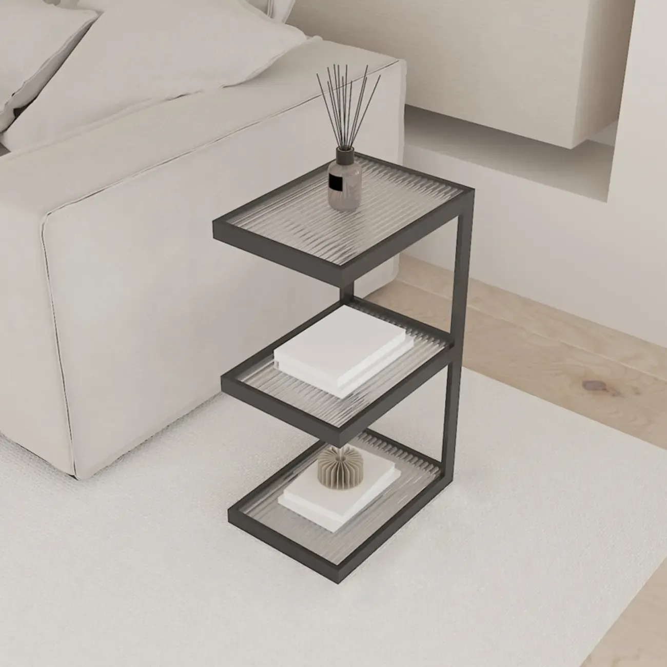 Extra Tall Simple Glass Top and Steel 3 Shelves Nightstand