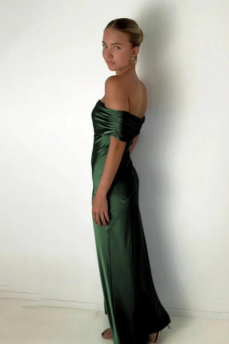 Aqua Sheath Off The Shoulder Satin Long Prom Dresses