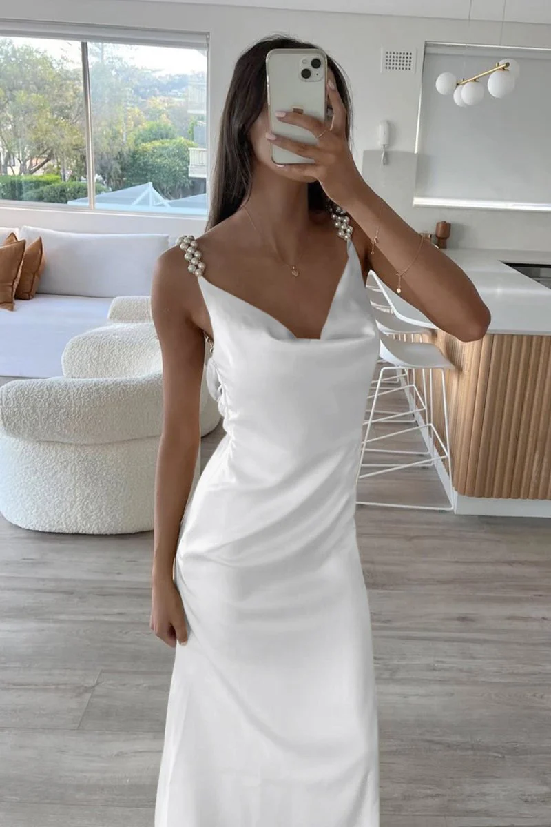 Yellow Sheath Spaghetti Straps Satin Long Prom Dresses With Pearls