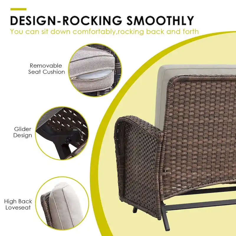 Patio Glider Rocking Chair with Sofa and Ottoman, Coffee Table - Brown