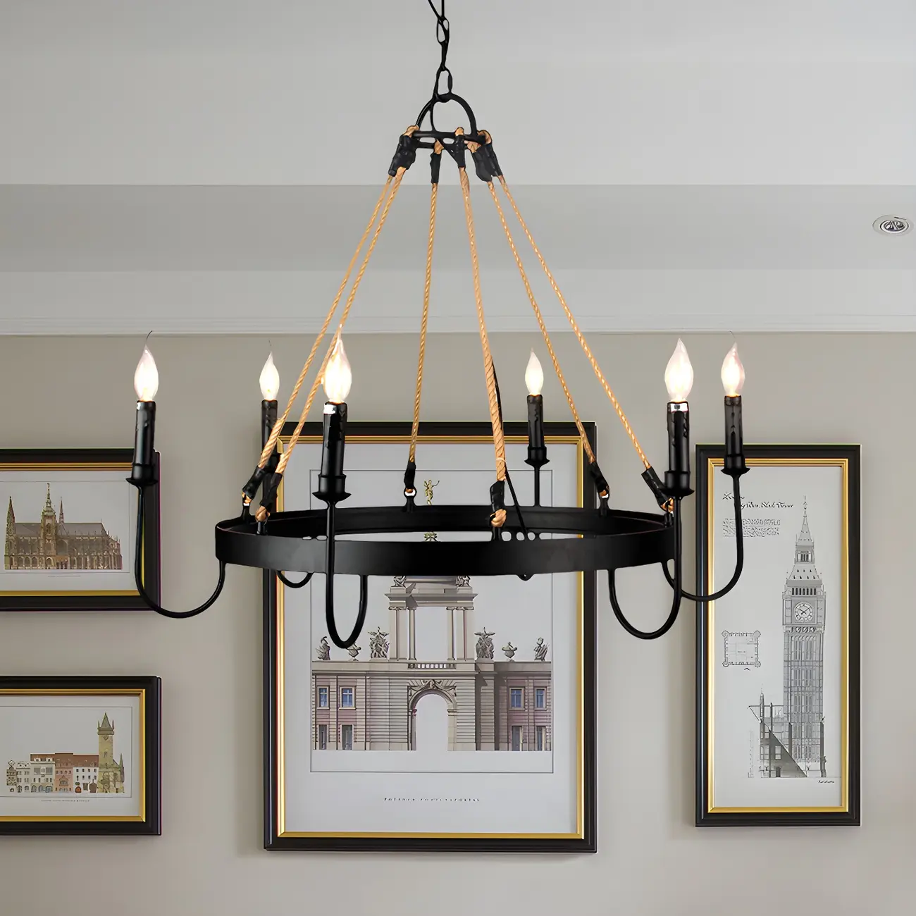 Hemp Rope Industrial Metal Round Candle Chandelier