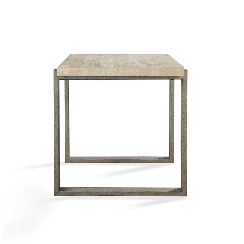 24 Inch Side End Table, Stone Tabletop, Metal Sled Base, Bronze