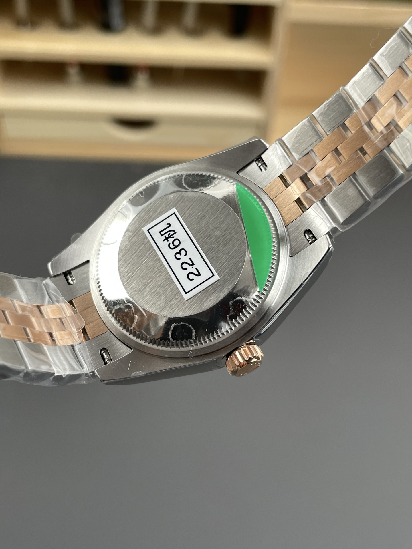 Caseback view of Rolex replica Datejust with 2236 movement label