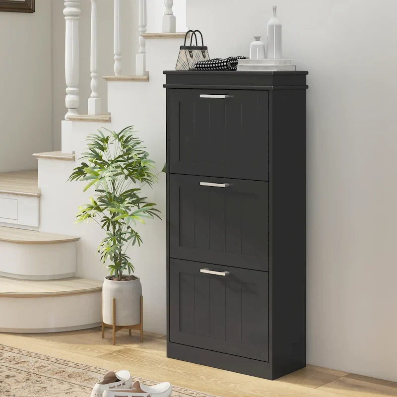 Black Shoe Cabinet with 3 Flip Drawers - 15 Pair Capacity