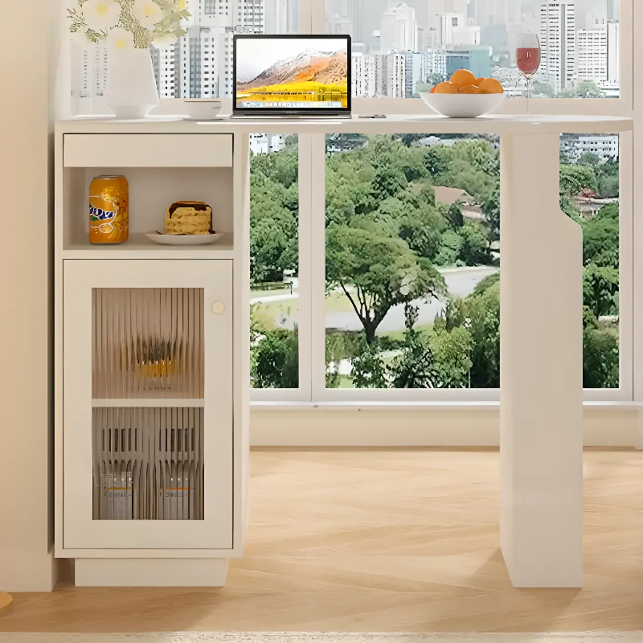 Modern Free Form White Slate Wood Storage Bar Tables