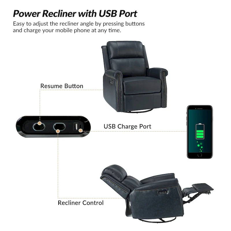 Renato Traditional Genuine Leather Nailhead Power Swivel Recliner Chair with Metal Base Set of 2 by HULALA HOME