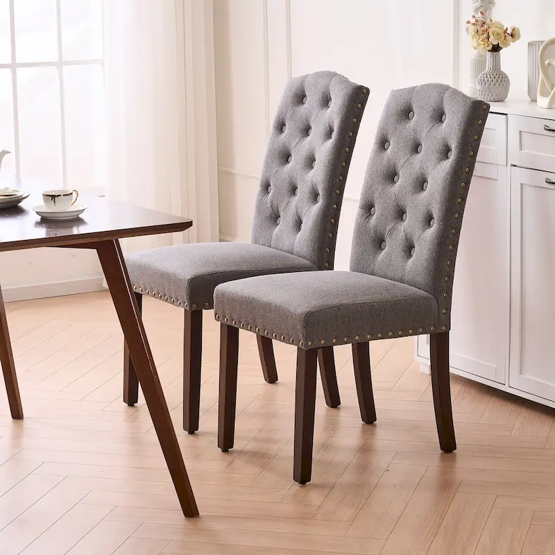 Tufted High Back Dining Chairs Set of 2 - Fabric Upholstered, Nailhead Trim, Wood Legs, Easy Assembly