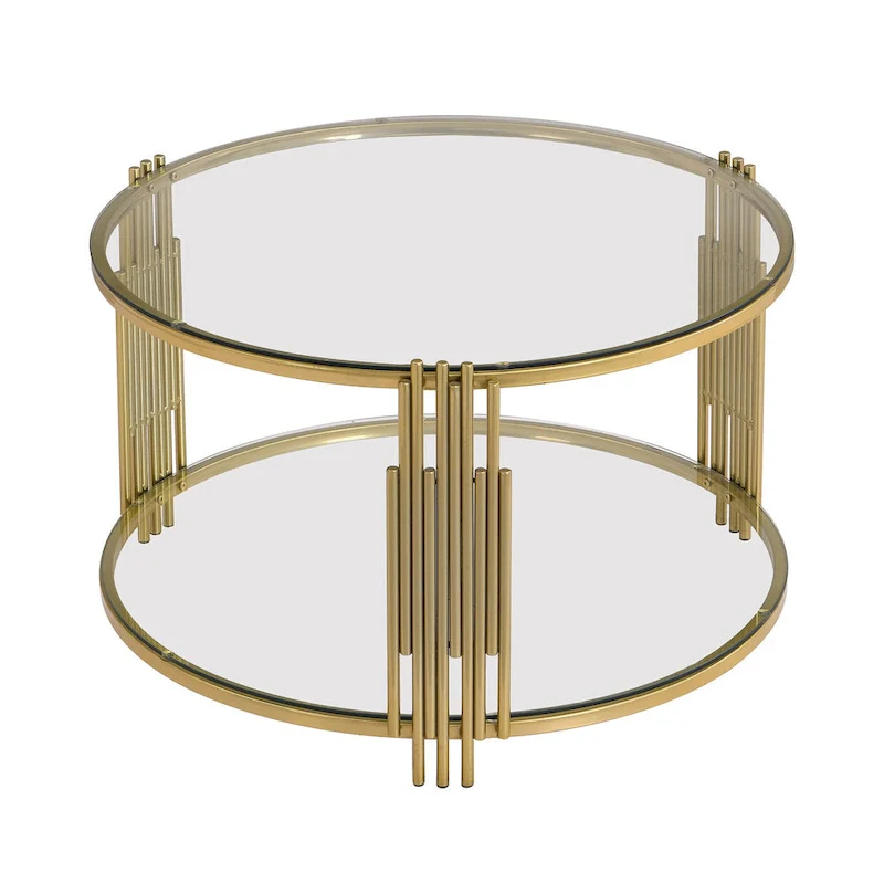 31.5 Tempered Glass Coffee Table with Asymmetrical Metal Design and Lower Shelf