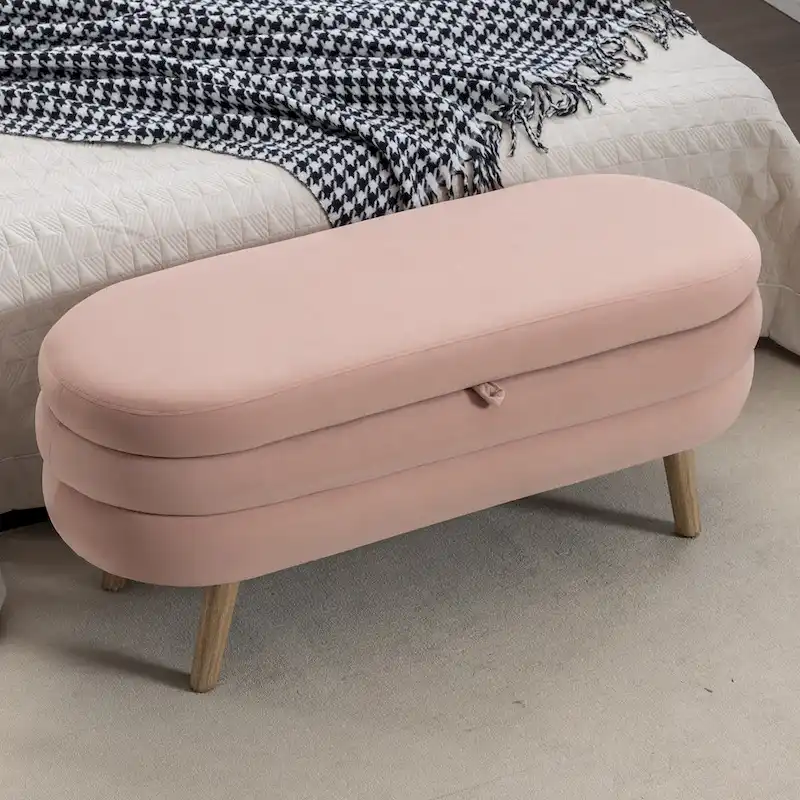 Ivory & Pink Velvet Storage Bench with Wood Legs, 1-Person Indoor Seat