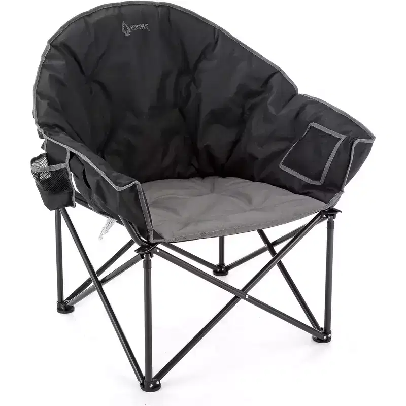 Arrowhead Outdoor Oversized Heavy-Duty Club Folding Camping Chair w/External Pocket, Cup Holder, Portable, Padded, Moon, Round, Bag (Charcoal Black)